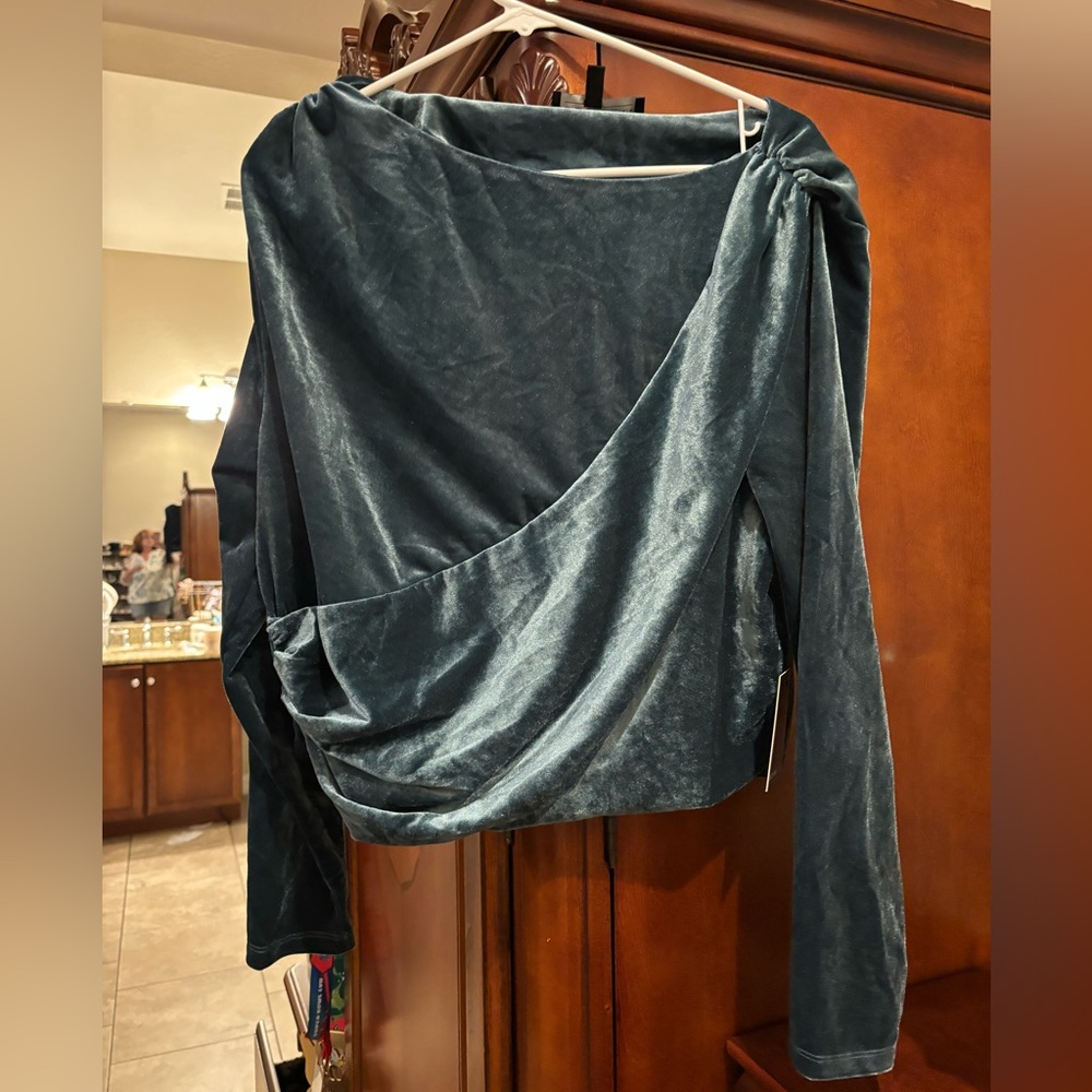 Eloquii Teal Velvet Draped Long-Sleeve Top
